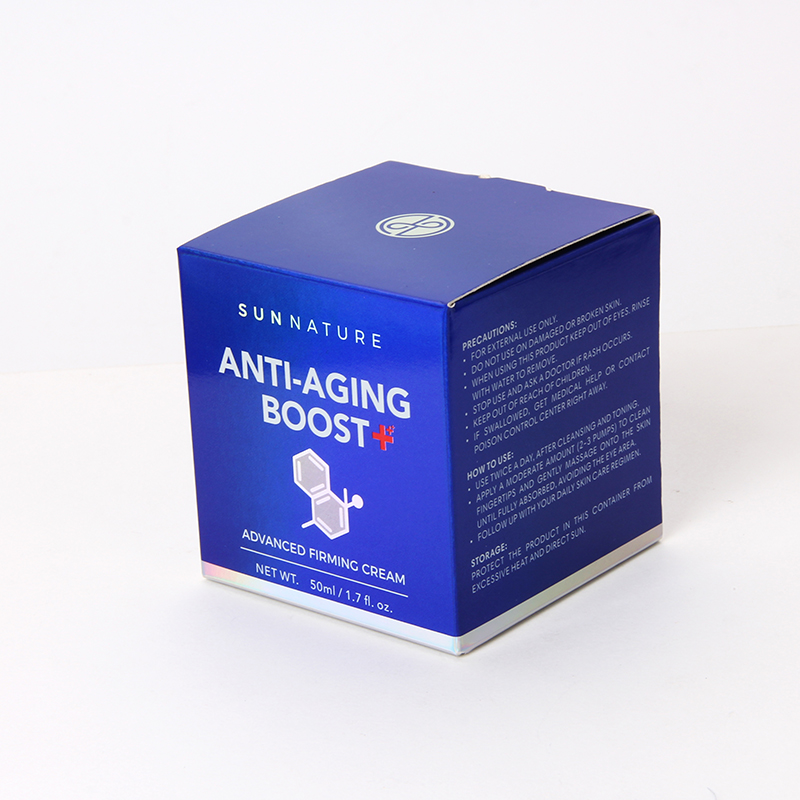 High-End-Creme-Verpackungsbox aus blauem, silberfarbenem Papier mit erhöhtem Logo